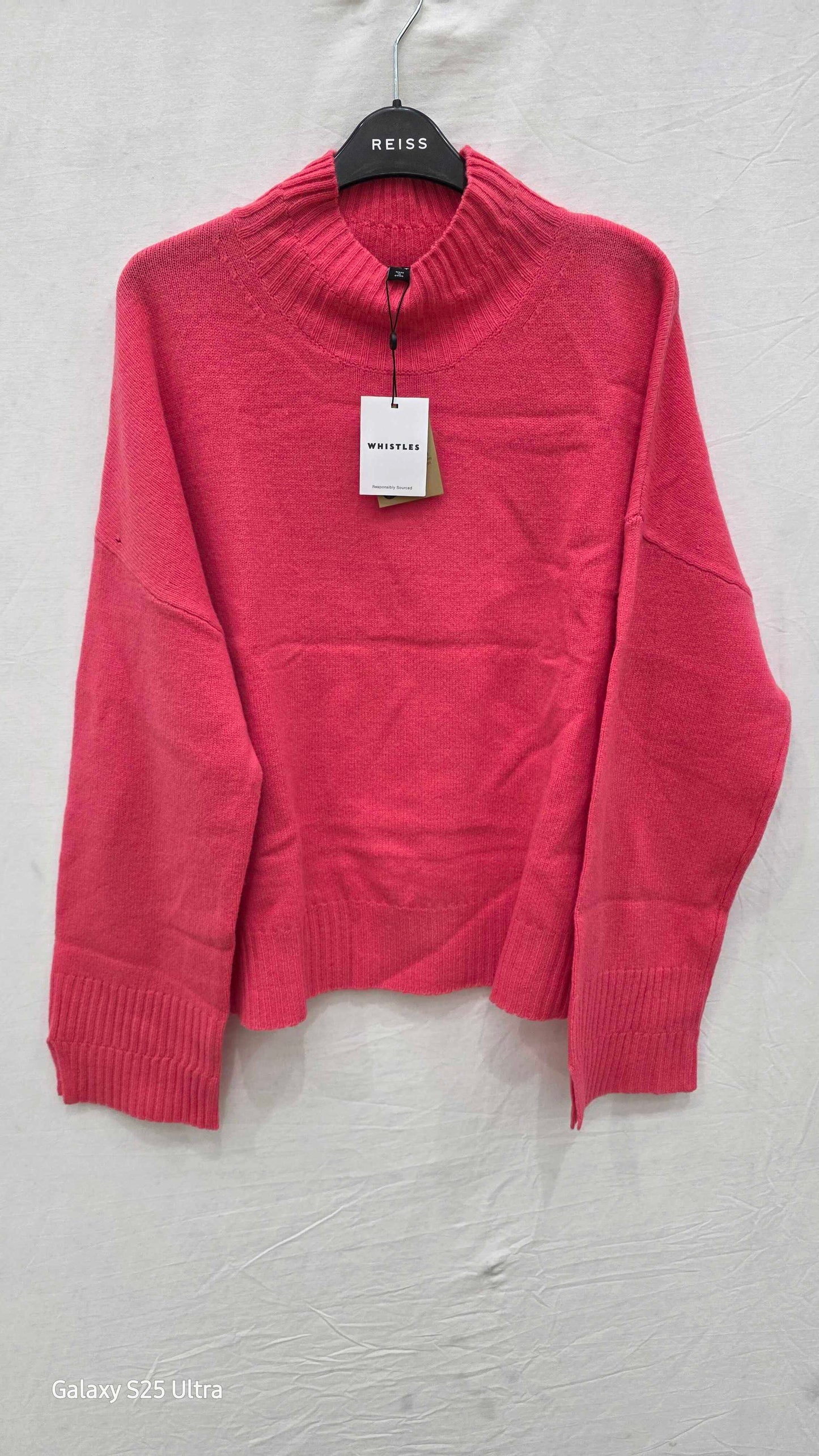 Whistles - Pink Double Trim Funnel Neck Wool Jumper Size: Large
