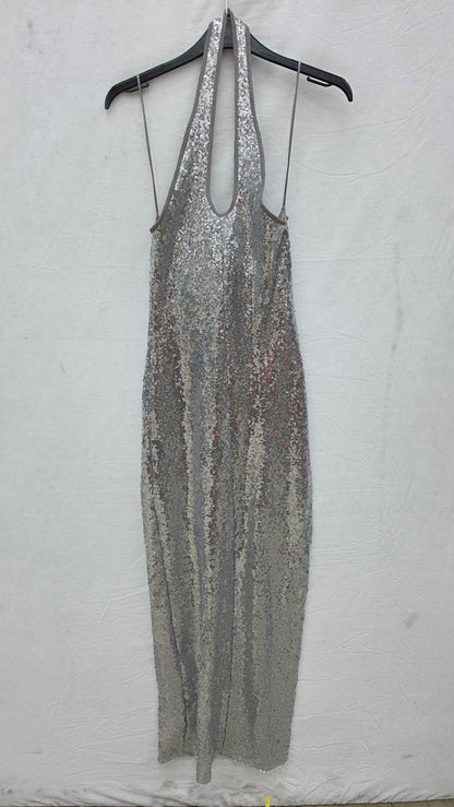 Mango - Silver Sequined Halter Neck Dress Size: Small