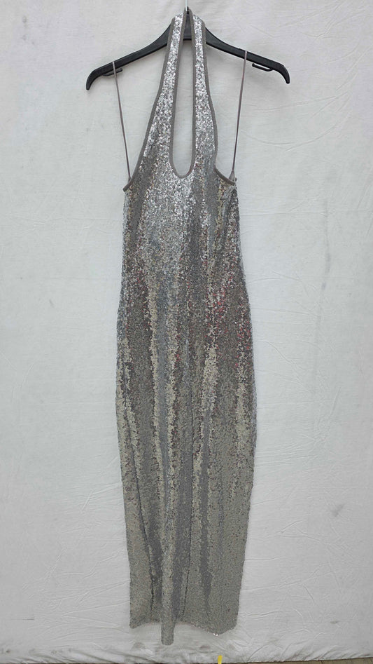 Mango - Silver Sequined Halter Neck Dress Size: Small