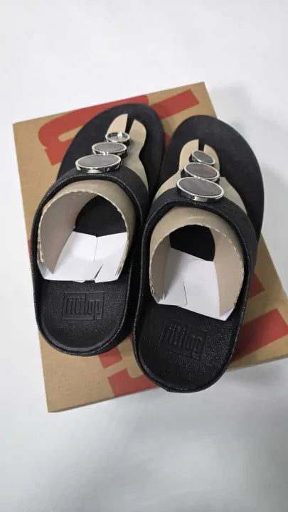 Fitflop Womens Halo Shimmer Toe Post Sandals All Black Size: Uk 6