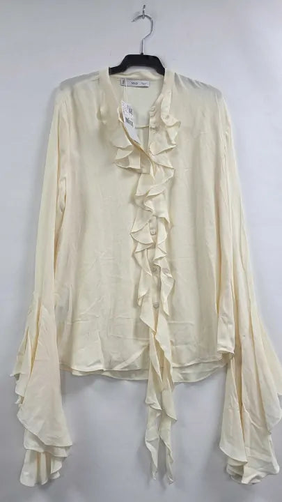 Mango - Ecru Long Sleeve Ruffled Shirt - Beige Size: M