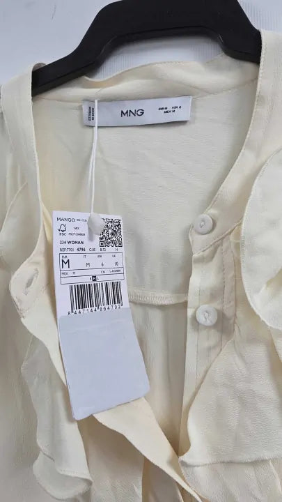 Mango - Ecru Long Sleeve Ruffled Shirt - Beige Size: M