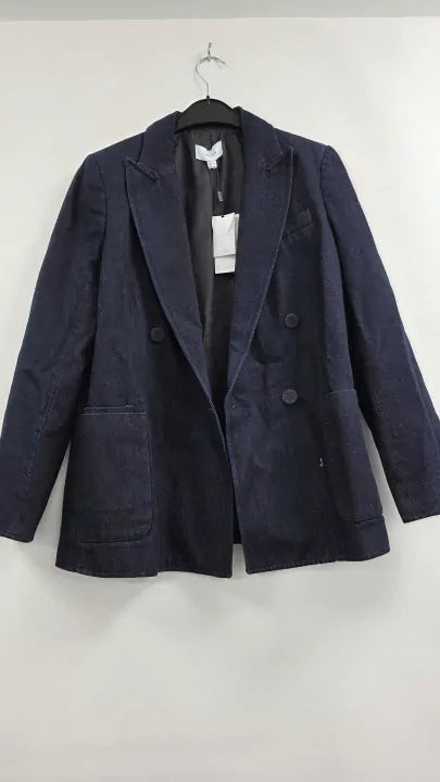 Reiss - Dark Blue Maya Double Breasted Denim Blazer - Blue Size: Uk 8