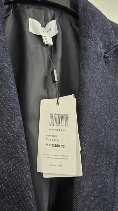 Reiss - Dark Blue Maya Double Breasted Denim Blazer - Blue Size: Uk 8