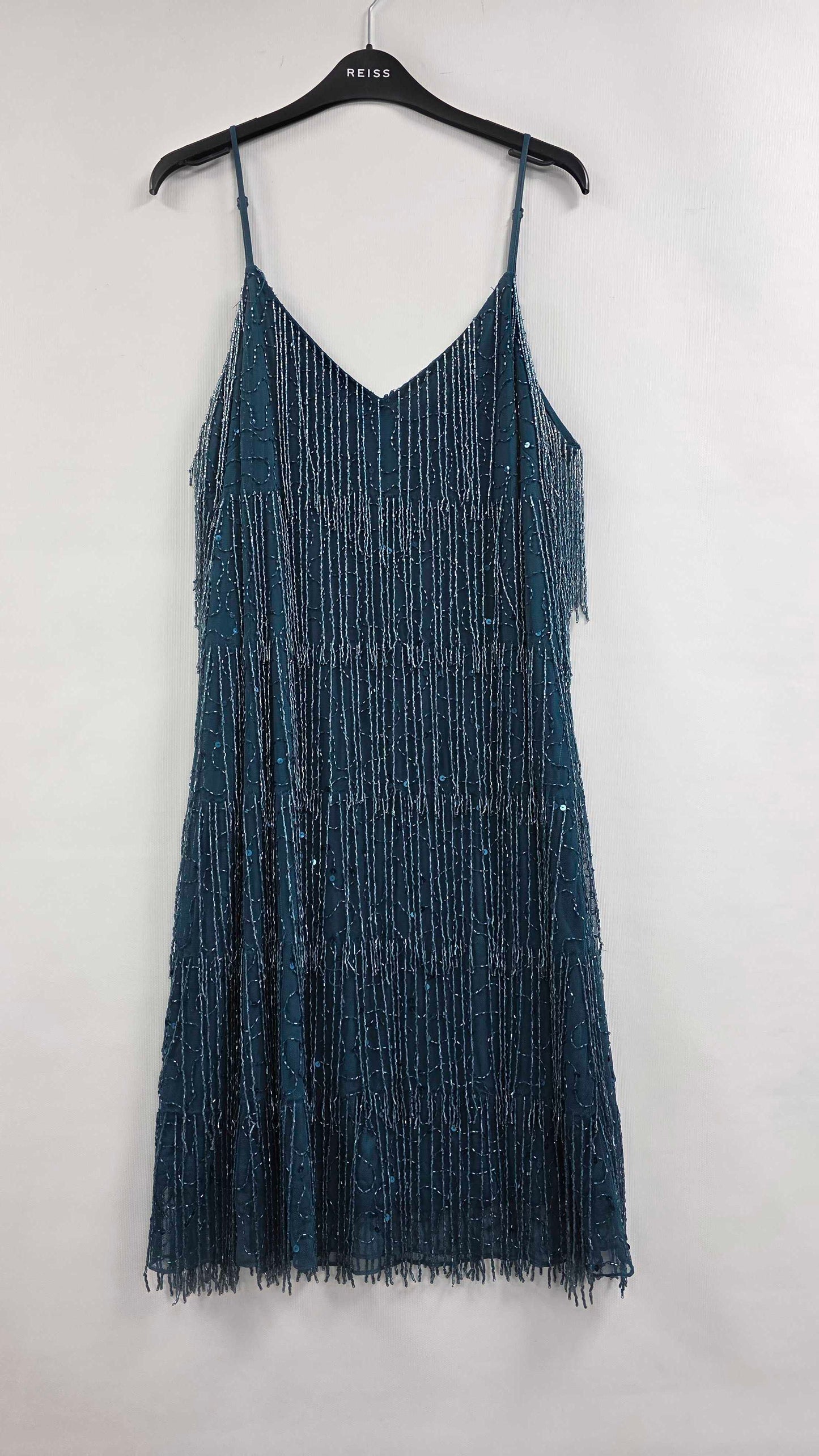 Sosandar - Teal Premium Embellished Fringe Tassel Shift Dress - Blue Size: Uk 16
