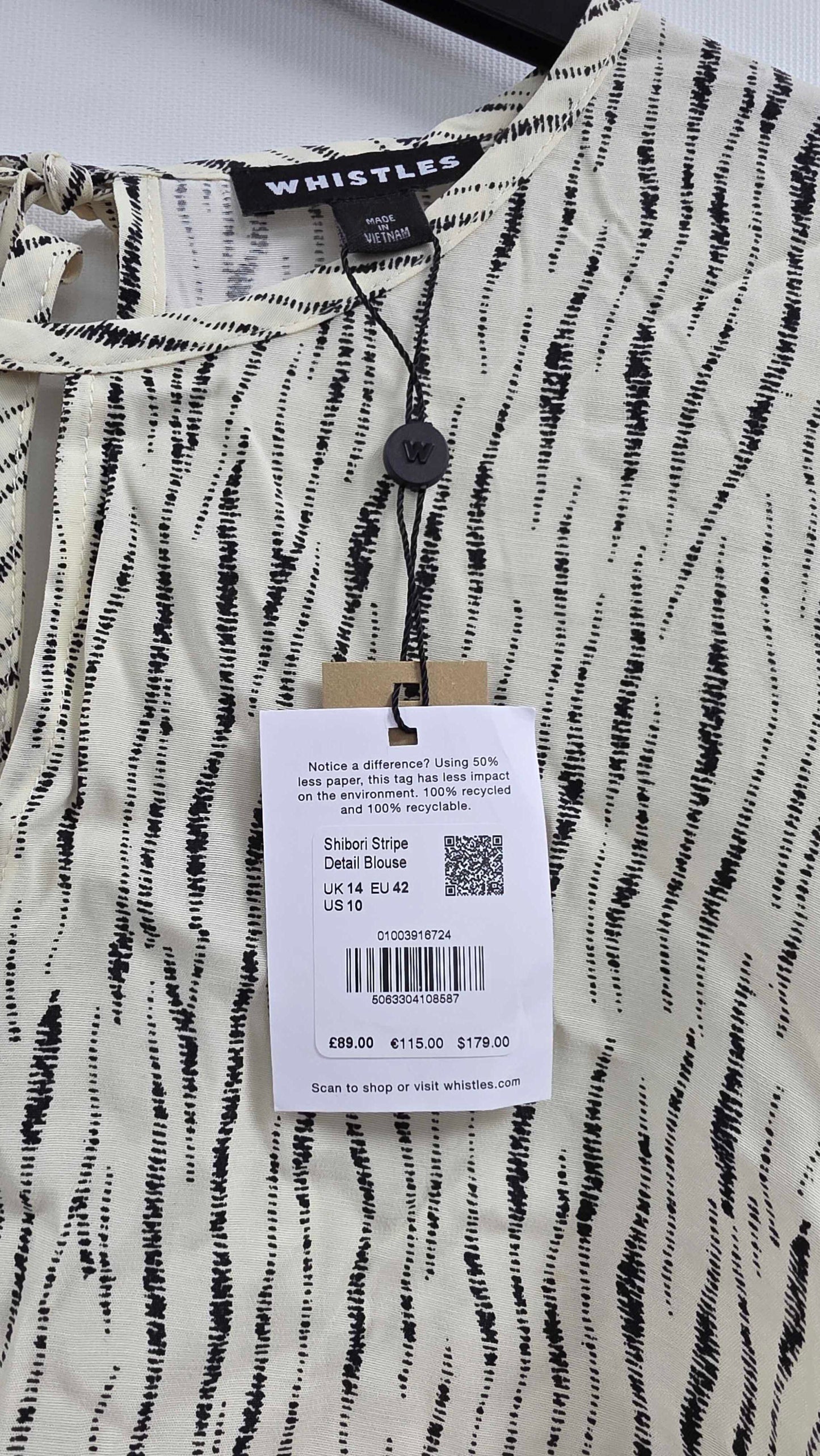Whistles - Ivory Shibori Stripe Detail Blouse - Cream Size: Uk 14