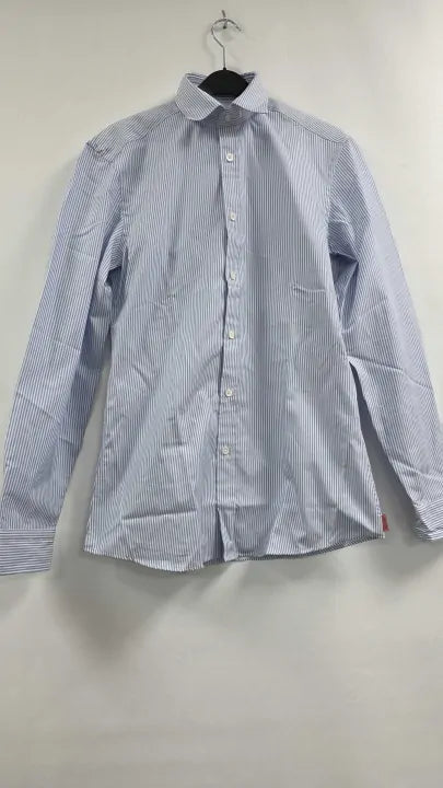Pale Blue & White Tailored Fit Poplin Bengal Stripe Dress Shirt Size: S