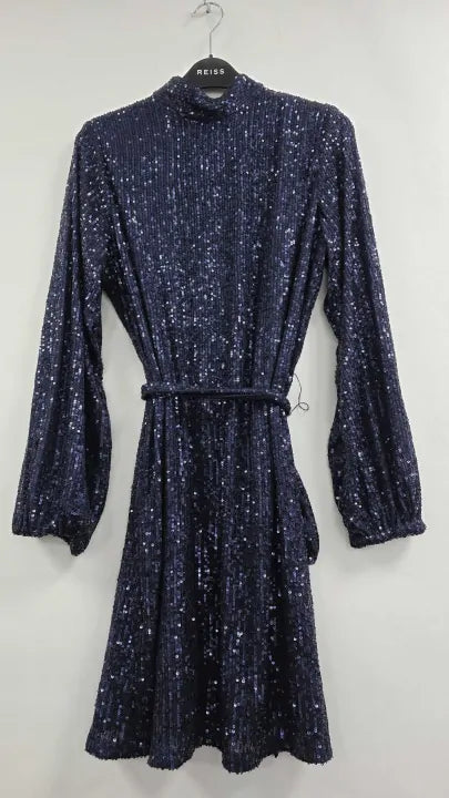 Sosandar Navy Blue Sequin High Neck Belted Shift Dress Size: Uk 12
