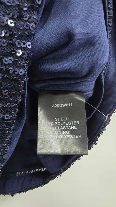 Sosandar Navy Blue Sequin High Neck Belted Shift Dress Size: Uk 12