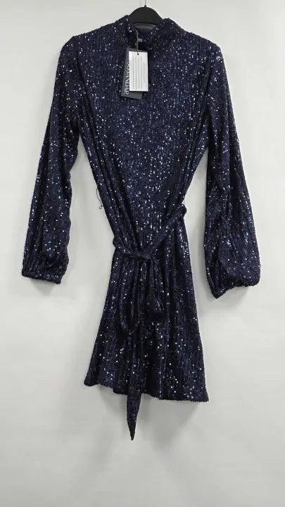 Sosandar Navy Blue Sequin High Neck Belted Shift Dress Size: Uk 12
