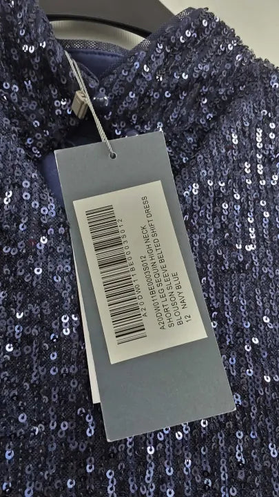 Sosandar Navy Blue Sequin High Neck Belted Shift Dress Size: Uk 12