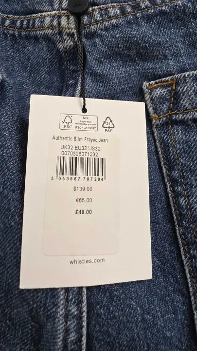 Whistles - Blue Authentic Slim Frayed Stretch Jeans Size: 32