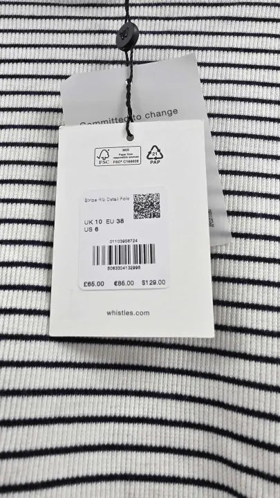 Whistles - Stripe Rib Detail Polo Top - Multi Size: Uk 10