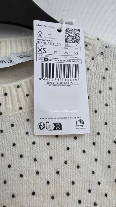 Mango - White Polka-dot Round Neck Jumper Size: Xs