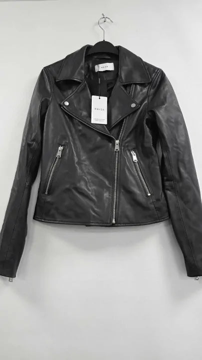 Reiss - Black Geo Leather Biker Jacket - Black Size: Uk 4