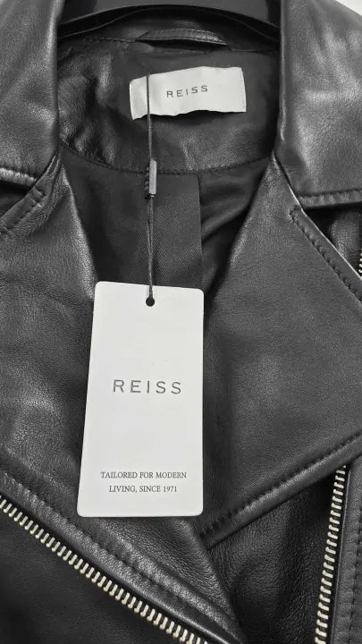 Reiss - Black Geo Leather Biker Jacket - Black Size: Uk 4