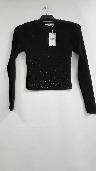 Mango - Black Rhinestone Cropped Rib Jumper - Black Size: S