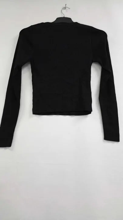 Mango - Black Rhinestone Cropped Rib Jumper - Black Size: S