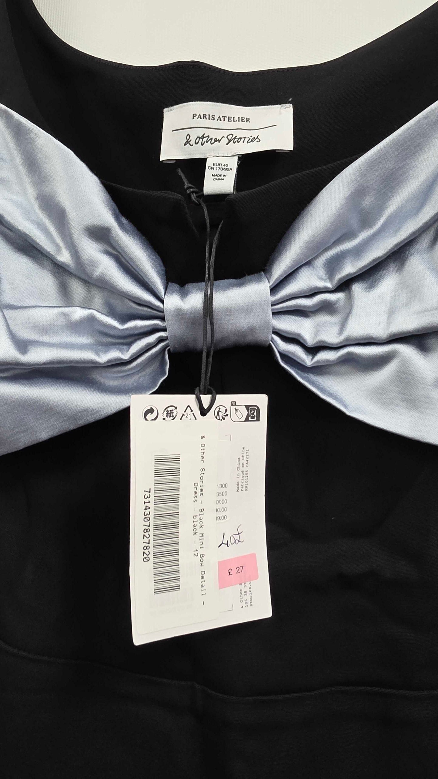 & Other Stories - Black Mini Bow Detail Dress - Black Size: Uk 12