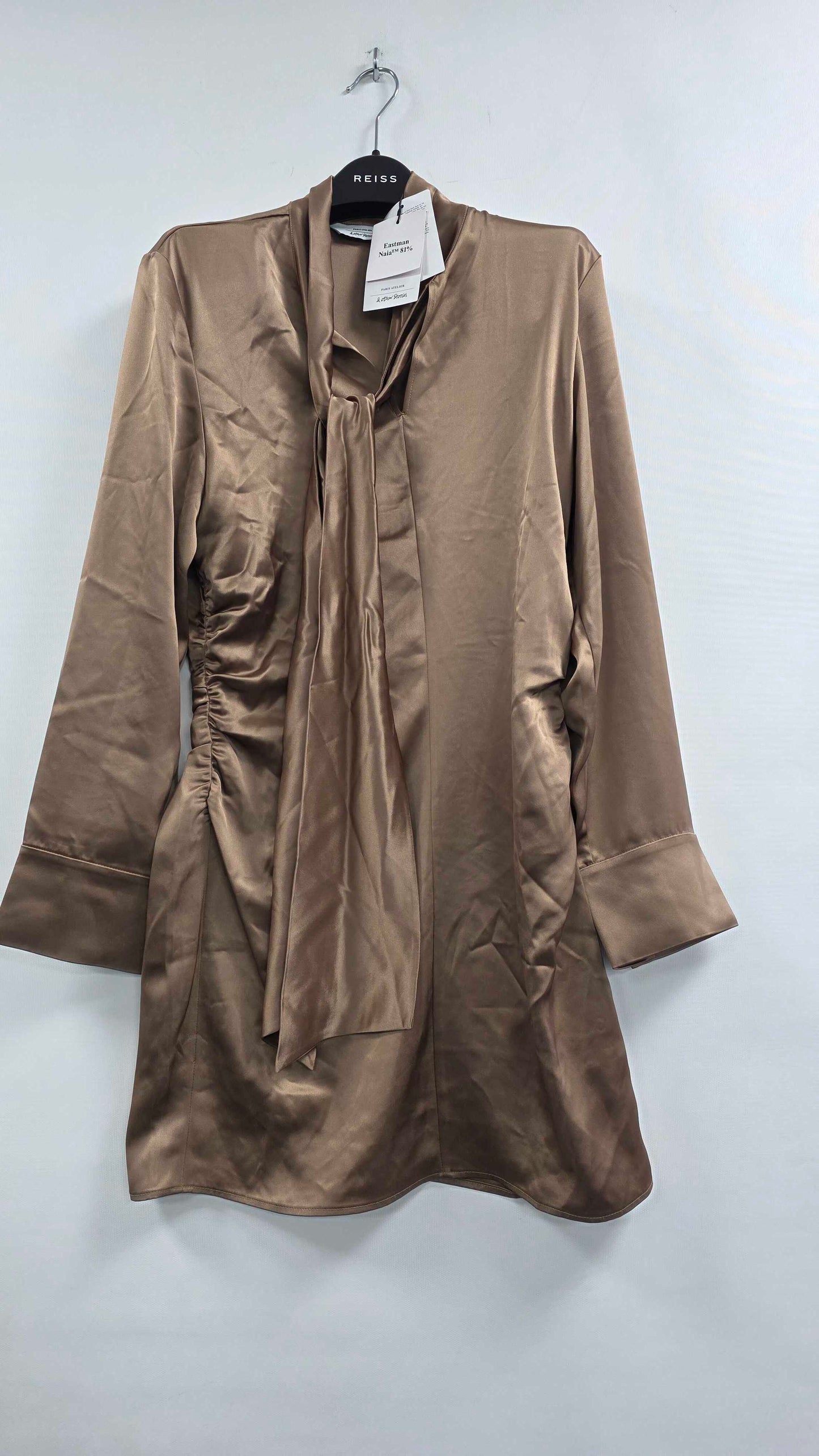 & Other Stories - Brown Satin Bow Mini Dress - Beige Size: Uk 8