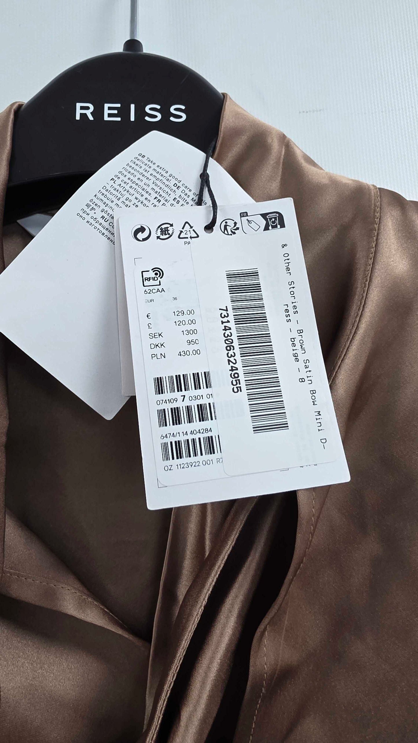 & Other Stories - Brown Satin Bow Mini Dress - Beige Size: Uk 8