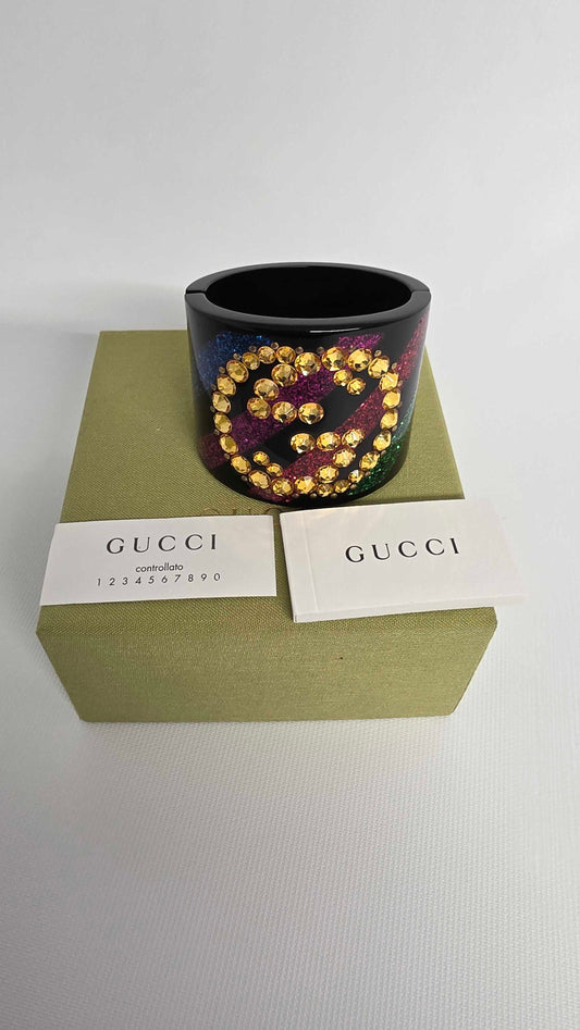 Gucci Crystal Gg Cuff Bracelet In Black Size: *