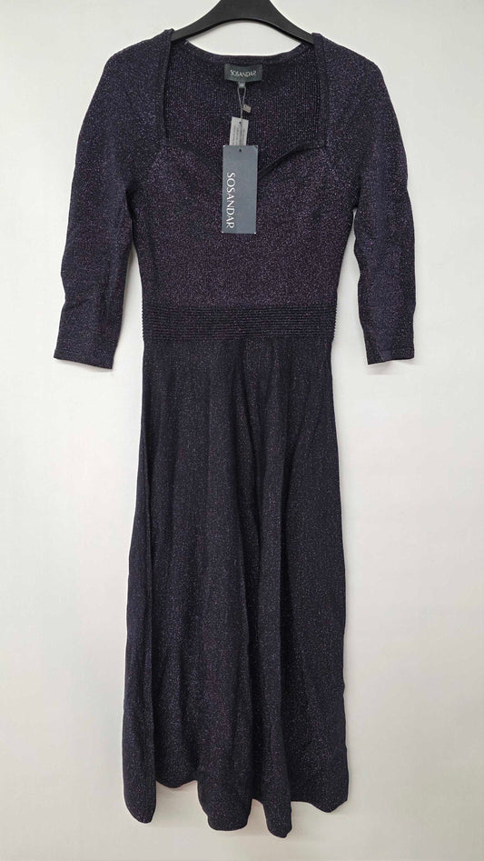 Sosandar - Navy Blue Metallic Sweetheart Neckline Fit Flare Knitted Dress Size: Uk 12