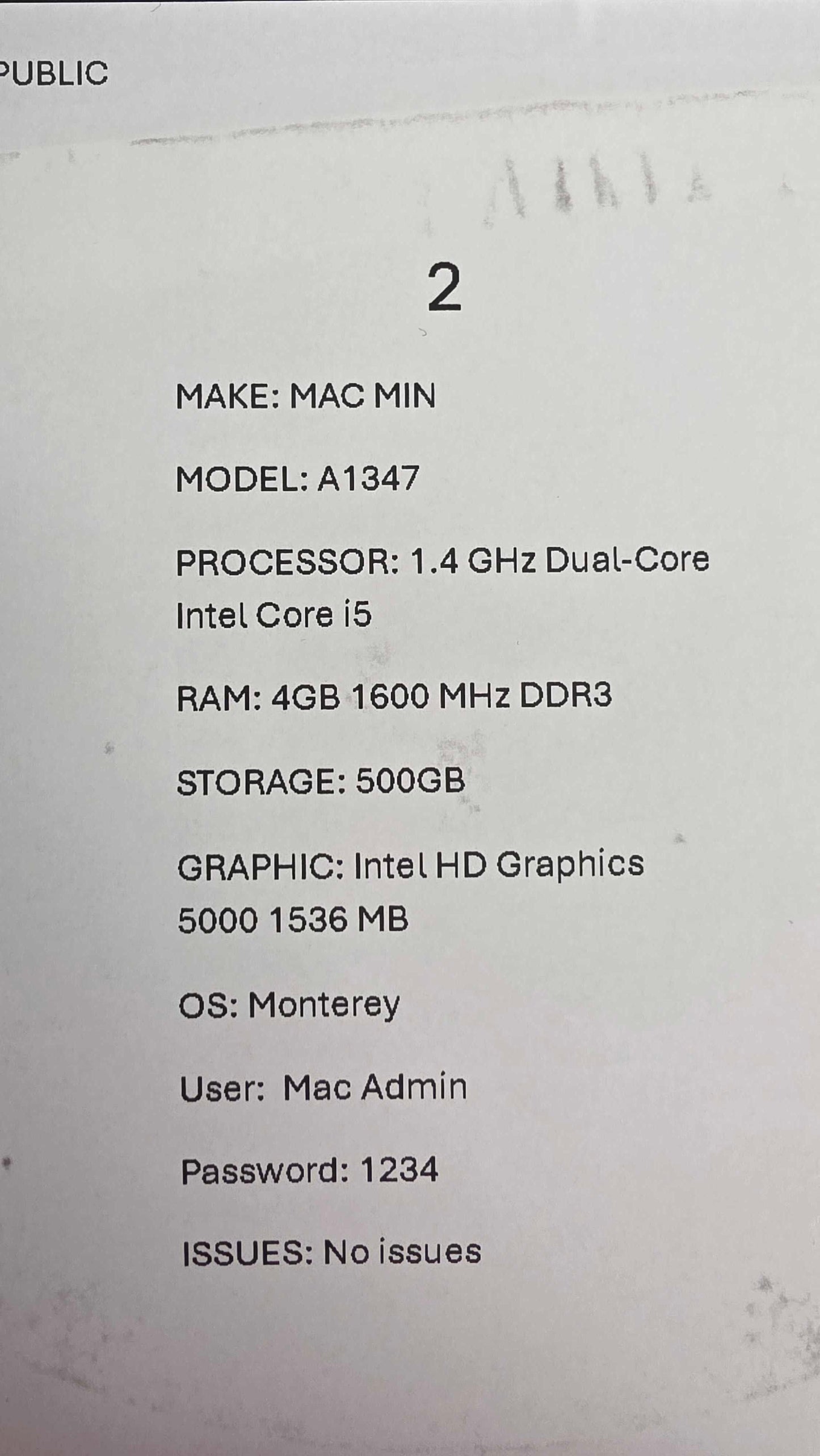 Mac Mini A1347 Size: 500Gb