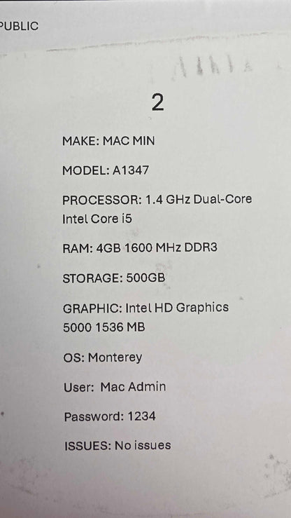 Mac Mini A1347 Size: 500Gb