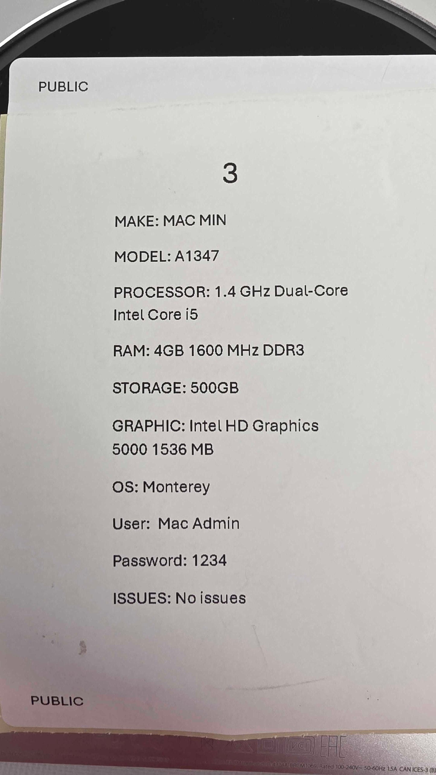 Mac Mini A1347 Size: 500Gb