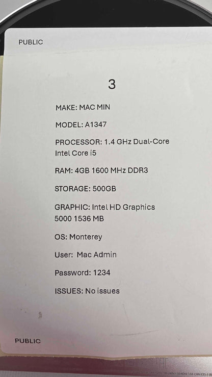 Mac Mini A1347 Size: 500Gb