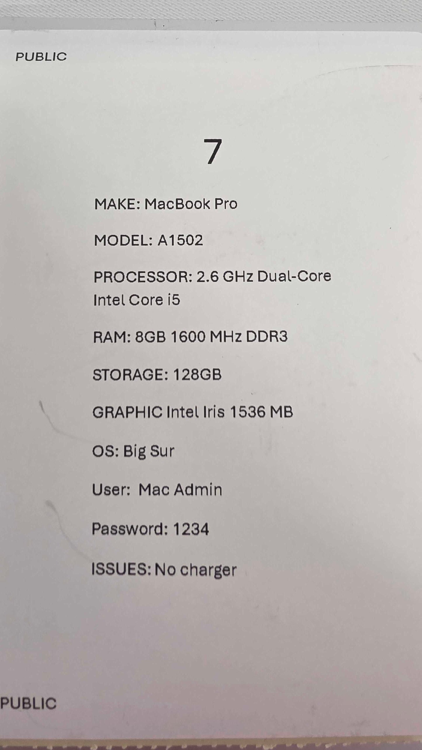 Macbook Pro A1536 Size: 128Gb