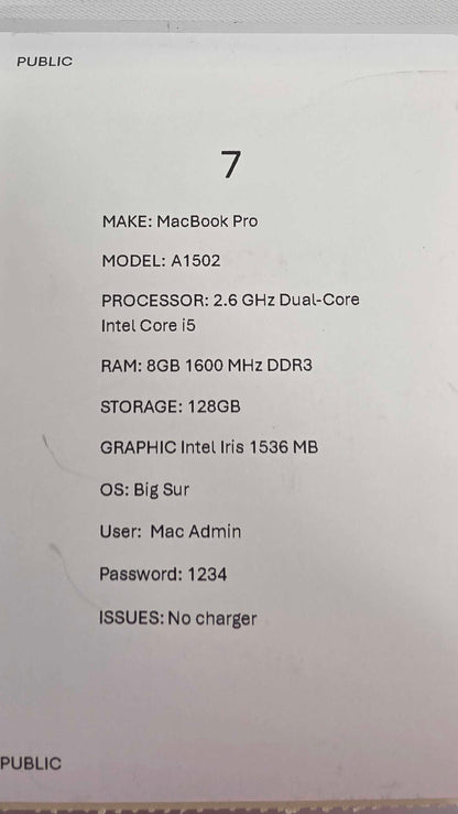 Macbook Pro A1536 Size: 128Gb