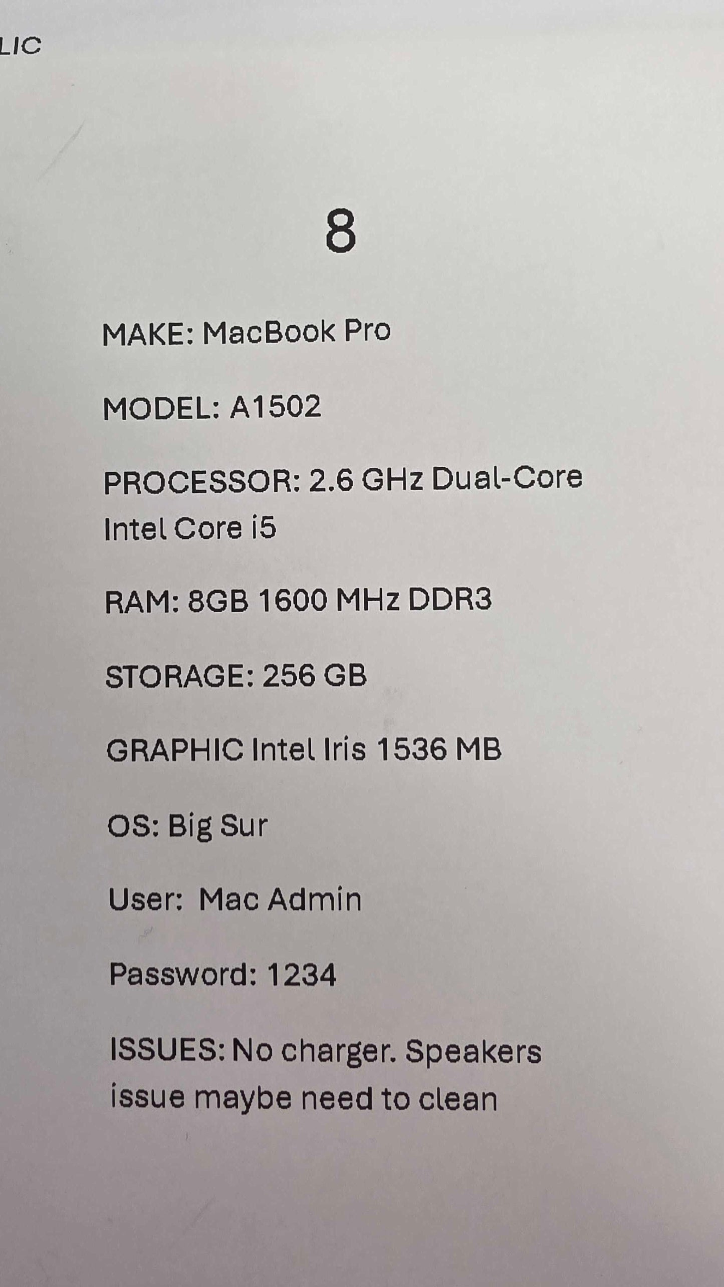 Macbook Pro A1502 Size: 256Gb
