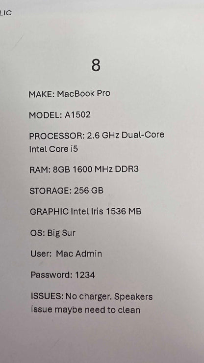 Macbook Pro A1502 Size: 256Gb