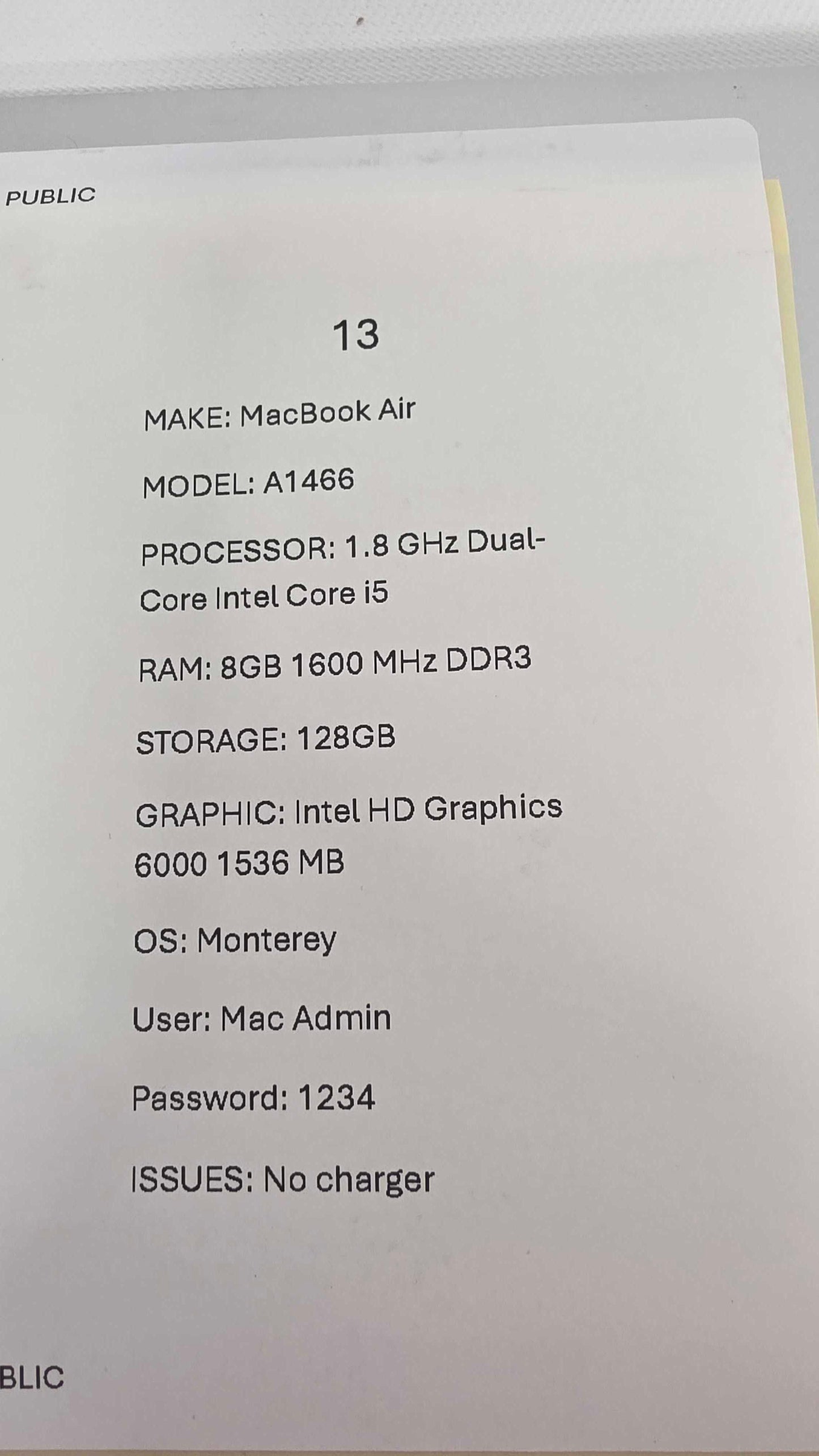 Macbook Air A1466 Size: 128Gb
