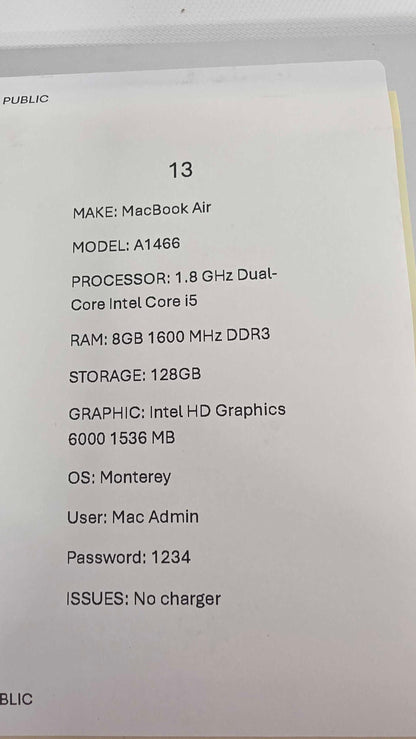 Macbook Air A1466 Size: 128Gb