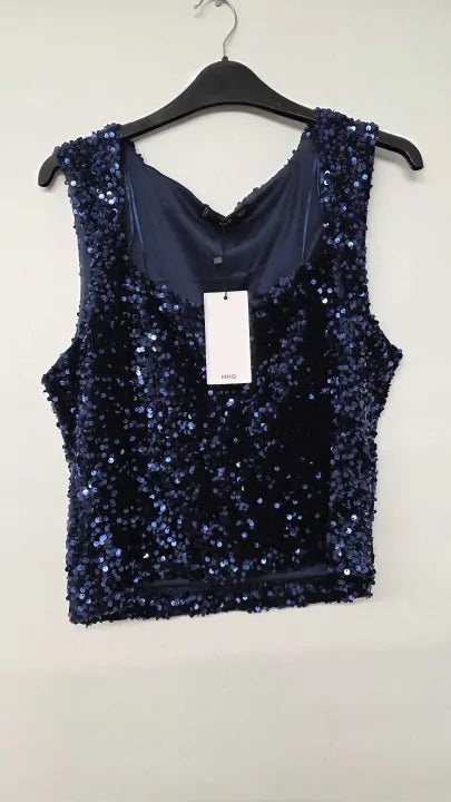 Mango - Navy Sequin Crop Top - Navy Size: L