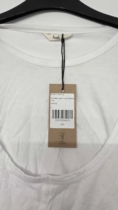 Hush - White Double Layer Long Sleeve Top - White Size: L