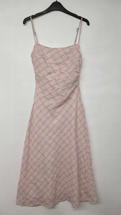 Mango - Light Pink Check Gathered Bodice Dress - Pink Size: S