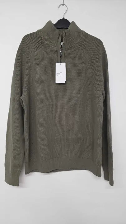 Reiss - Khaki Buckingham Ribbed Quarter Zip Cotton Jumper - Green Size: L