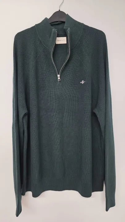 Gant - Green Cotton Wool Rib Half Zip Jumper - Green Size: Xxl