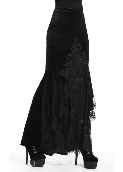 Dark In Love Cordelia Black Velvet Skirt - Gothic Fishtail Skirt Embroidered Lace