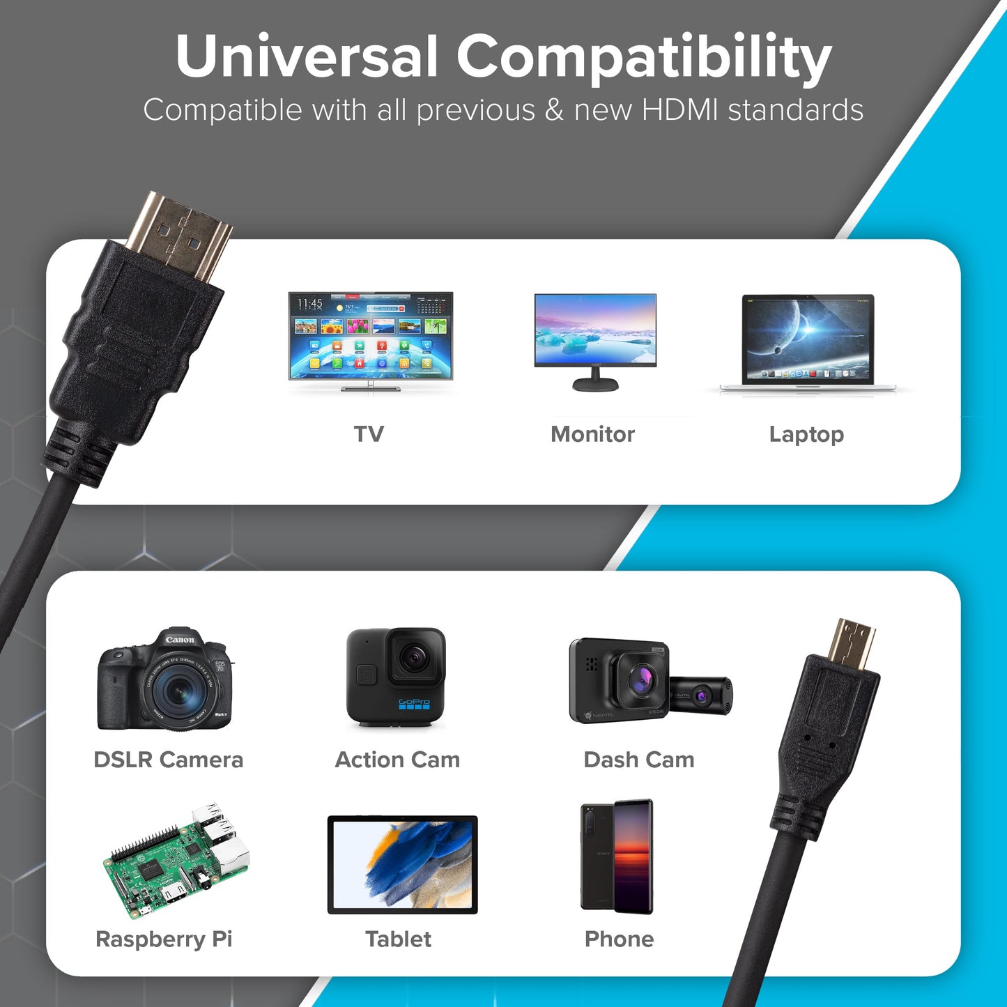 Maplin HDMI-A to Micro HDMI-D 4K Ultra HD 30Hz Cable with Ethernet & Gold Connectors - Black, 3m