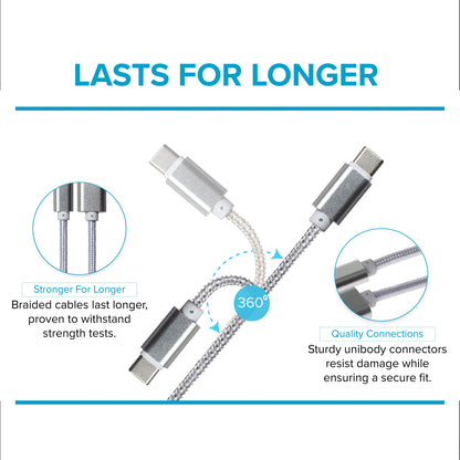 Maplin USB-C to USB-A Braided Cable - Silver, 3m