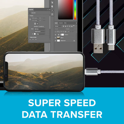 Maplin USB-C to USB-A Braided Cable - Silver, 3m