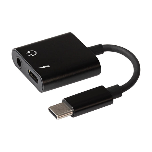 Nikkai USB-C to 3.5mm Headphone Jack / USB-C PD Charging Port Adapter - Black, 10cm