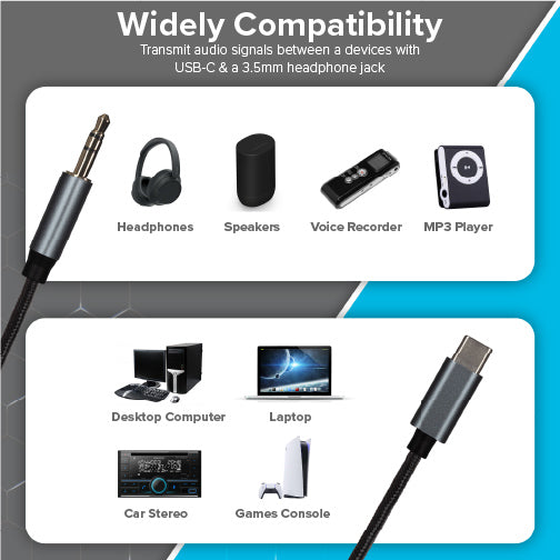 Maplin USB-C to 3.5mm Aux Stereo 3-Pole Jack Plug Braided Cable - Black, 2m