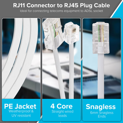 Maplin RJ11 Connector to RJ45 Plug Telephone Lead - White, 1m