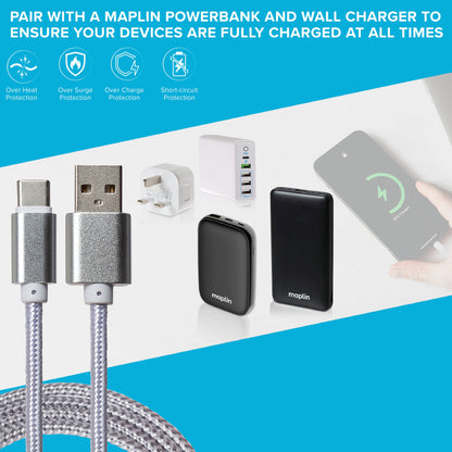 Maplin USB-C to USB-A Braided Cable - Silver, 0.25m